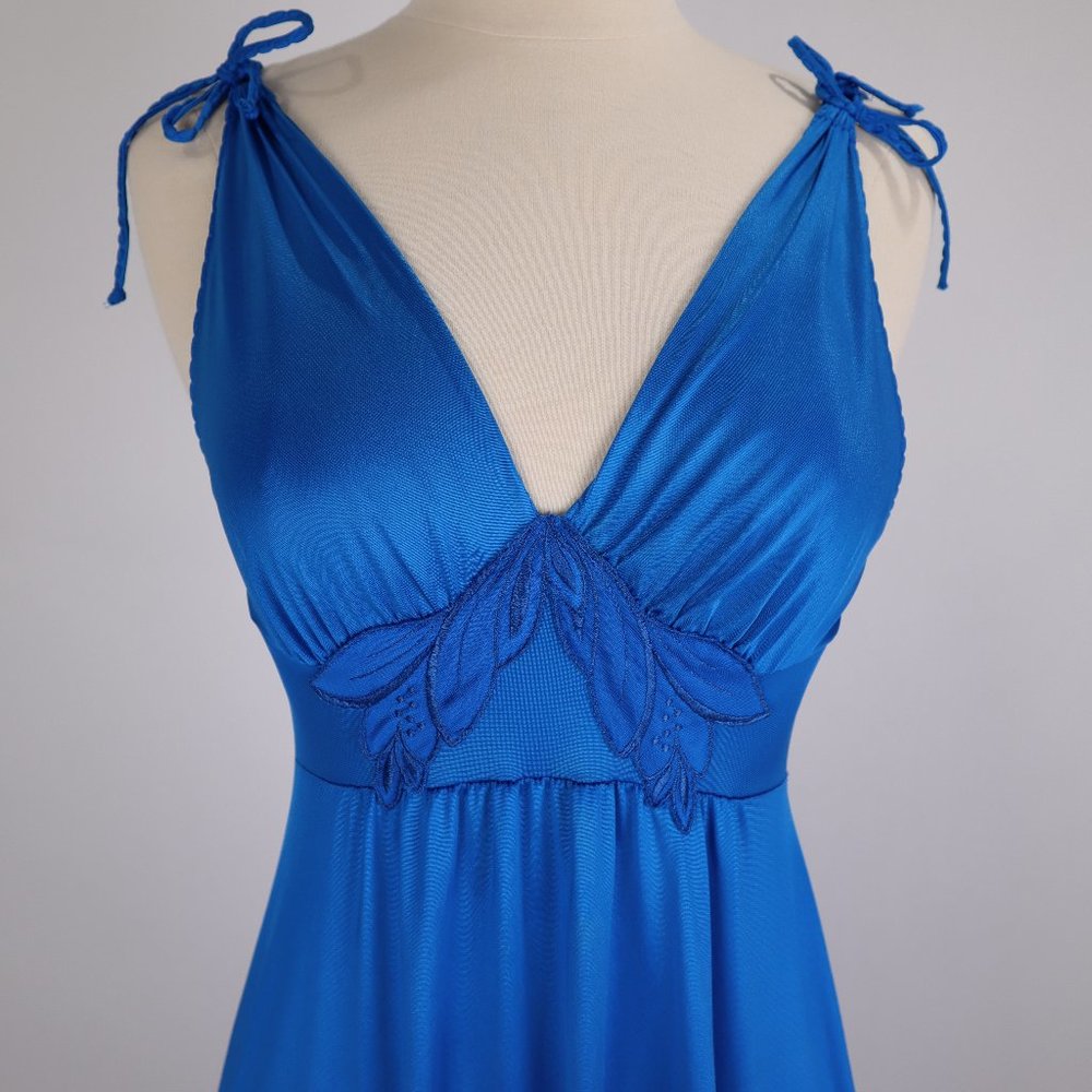 🌺 Vtg Vanity Fair Cobalt Blue Long Nightgown Negligee Lingerie Chemise Dress S